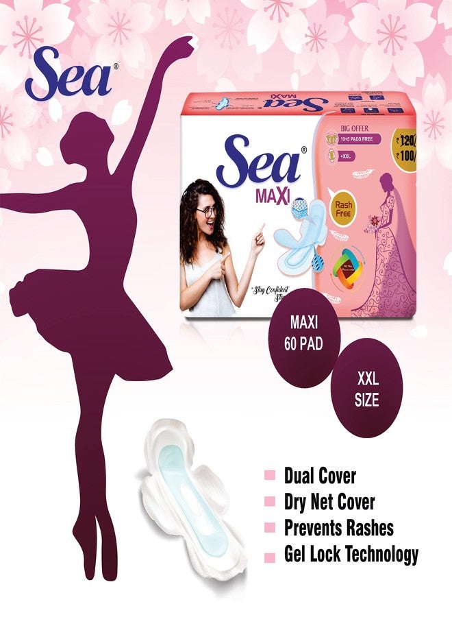 Sea Maxi Cotton Sanitary Pads for Women | Up to 100% Leakage Protection, Locks Odour & Wetness | Ultra Hygiene, Rash Free Cotton Soft | Pack of 60 (60 pcs Maxi XXL) - Image 2